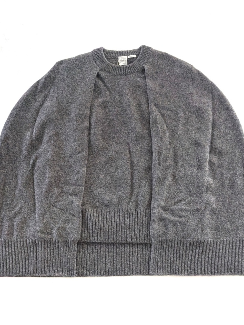 Toteme Cashmere Crew Cape Knit Sweater Dark Grey Melange XS Layered Poncho NWT